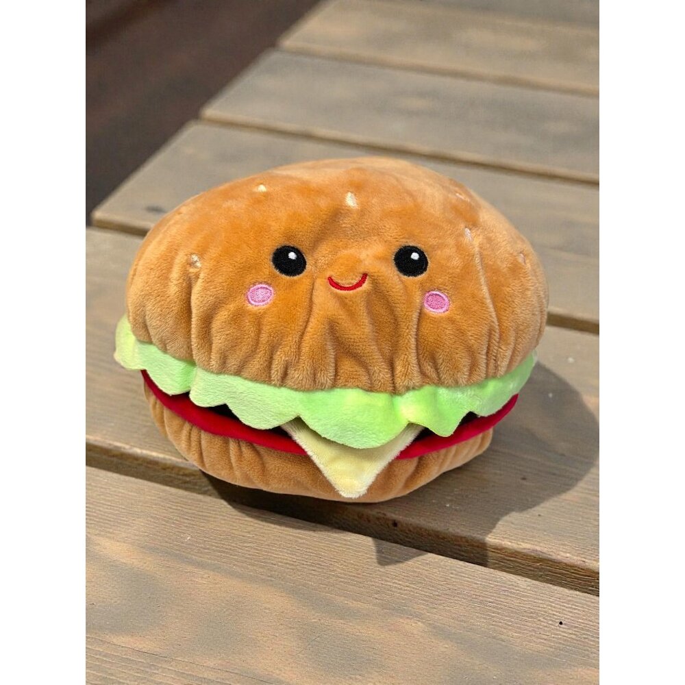 Cute Plush Hamburger Toy Pillow With Smiling Face & Lettuce
